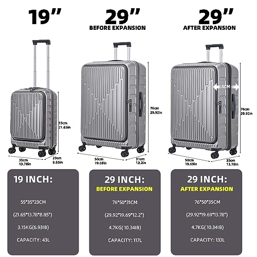 Image of Kaleenie 2 Pieces 19 /29 Luggage Sets, 19 Inch Carry On Luggage with Front Pocket & 29 Inch Side Opening Suitcase, Ligthweight ABS+PC Hardshell, Gray
