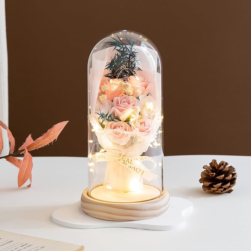 Preserved Flowers in Glass Dome with LED Lights, Decorative Rose Arrangement with Wooden Base (Light Pink) - Image 6