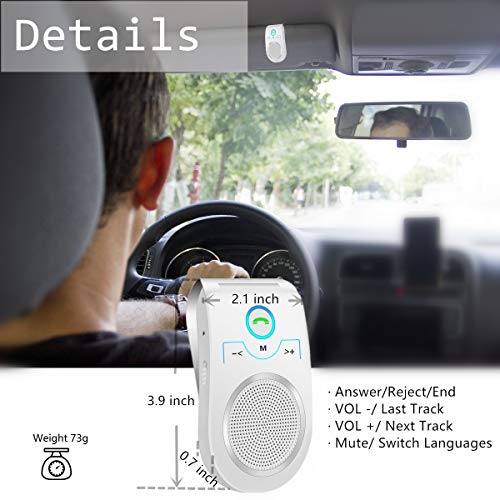 Bluetooth Speakerphone Wireless Car Speaker, Aigital Upgraded Bluetooth 5.0 in-car Speaker for Cell Phone, Loud and Clear Sound for No-Hands Calling, GPS Navigation and Music - White
