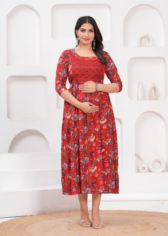 Image of JAIPURFAME Maternity Feeding Kurti with Zipper | Cotton Floral Printed Pregnancy & Nursing Dress | Comfortable & Stylish Maternity Wear for Women | Breastfeeding Kurta with Zipper | Soft & Elegant