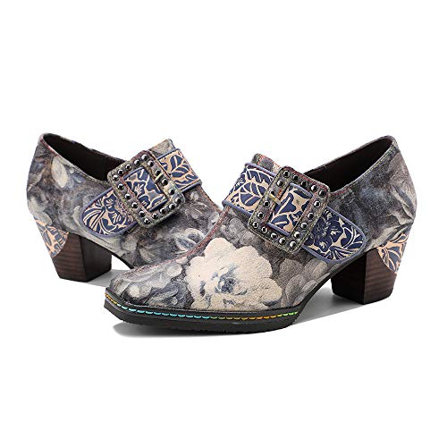 CrazycatZ Damen Leder Schuhe mit Absatz Patchwork Vintage Bunte Schuhe Pumps (Grey, Numeric_39) Cover