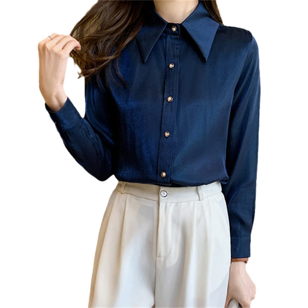 Chemise à Revers à Manches Longues pour Femmes Blouses en Satin Ample décontractées Femme Affaires Travail Chemise en Soie Formelle