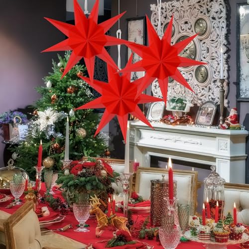 Image of SUNBEAUTY 3 Pcs 9-Pointed Red Paper Star Lanterns 12 Inch Christmas Hanging Lamp Red Paper Decorations Shade Wedding Birthday Christmas Home Party Decorations