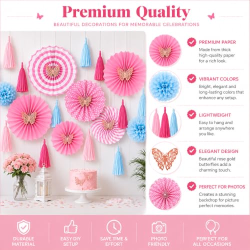 Image of AMFIN (Pack of 25) Butterfly Theme Birthday Decoration Kit Metallic Finish Women Girls Item Pink Blue Rainbow Flower