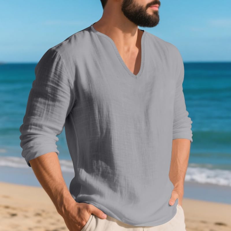 Mens Linen V-Neck Shirts Casual Long Sleeve Hippie Yoga Tops Lightweight Summer Beach Shirt - Image 4