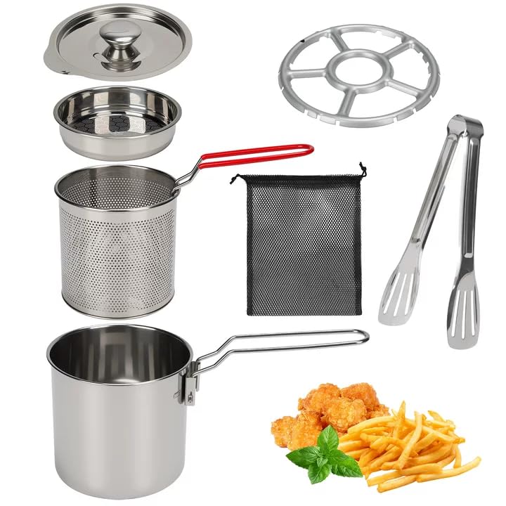 Deep Fryer Pot with Basket,Stainless Steel Mini Deep Fryer Pot with Lid and Clip,Japanese Style Tempura Frying Pan,Portable Large Capacity 2 in 1 Oil Strainer Pot for Kitchen Camping (12 * 11cm)