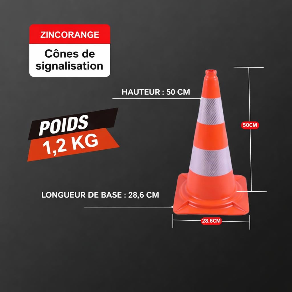 Pack de 10 Cônes de Trafic, Cônes de Sécurité avec Bande Réfléchissante et Matériau PVC pour Sécurité Routière, Parking, Entraînement Sportif et Activités Extérieures (50CM)