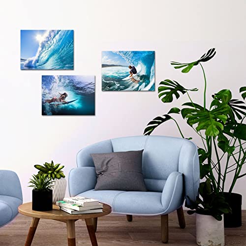 Artsbay Surf Tropical Sea Wave Canvas Print Wall Art Surfer Surfing Water Sport Picture Painting Blue Ocean Modern Photography Decor 3 Piece Framed Artwork For Home Office Bedroom Bathroom Decoration #TOP4