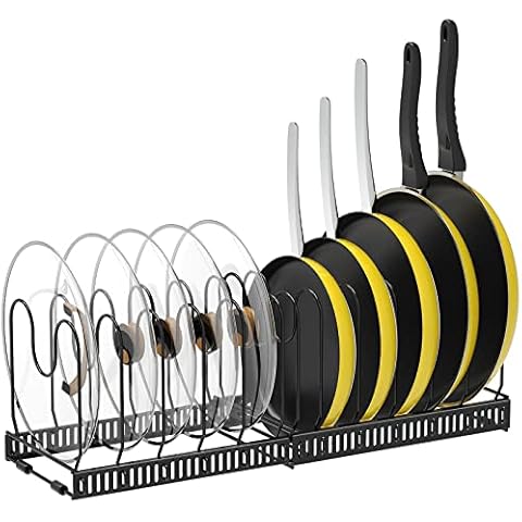 BesChase Pots and Pans Organizer, Expandable Pot Rack with 12 Adjustable Dividers, Pot Pan Lid Organizer Holder for Cabinet Countertop Cupboard Kitchen Storage HKA0001 Black Cover