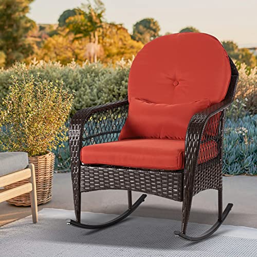 Baijiawei B Outdoor Wicker Rocking Chair All Weather Wicker Rocker Chair With Cushions For Garden Patio Yard Porch Lawn Balcony Backyard (1Pcs-Brown Wicker-Orange) #TOP1