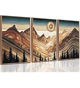 3Pcs Abstract Sun Mountain Wall Art Nature Woodcut Style Landscape Posters Prints Wall Decor Canv...