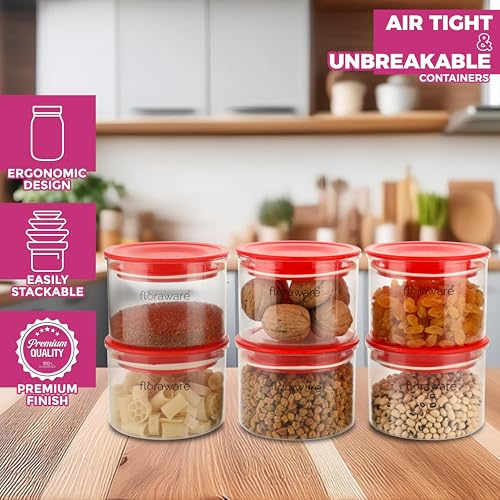 Image of Floraware Plastic Storage Jar and Container Set I Air Tight & BPA Free Containers for Kitchen Storage Set I Grocery Kitchen Container Set I Multipurpose Jar, 600 Ml Each, Set 6, Red
