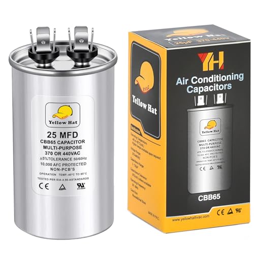 Capacitor for Air Conditioner 25 uf MFD 370 or 440 Volt VAC, Multi-Purpose Round Capacitor for AC Motor Run or Fan Motor Start or Condenser Straight