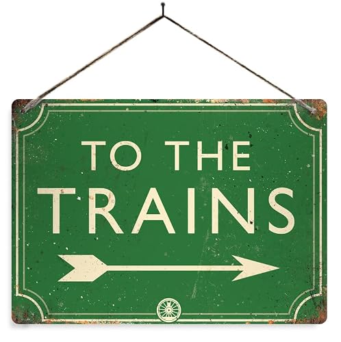 Image of To the Trains - Green. Small metal sign with 4 corner holes. Train Platform Steam Railway