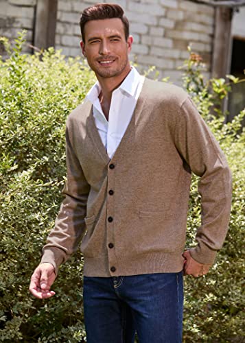 Kallspin Men's Cardigan Sweater Cashmere Wool Blend V Neck Buttons Cardigan With Pockets(Coffee, Large) #TOP4