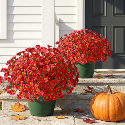 Image of HyeFlora Artificial Mums for Outdoors Fall Decor, 6 Bundles Fake Flowers UV Resistant Realistic Faux Flowers Bouquet Silk Flowers for Outside Planter Porch Patio Garden Yard Balcony Home, Red