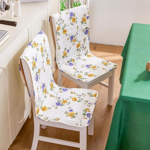 Image of HOMETHREADS Floral Cotton Chair Cover Set | Soft & Comfortable Seat Covers with Anti-Skid Non-Slip Backing + Waterproof Dining Table Cover (140x180 cm) (Purple Beige, 4 Chair Covers + 1 Table Cover)