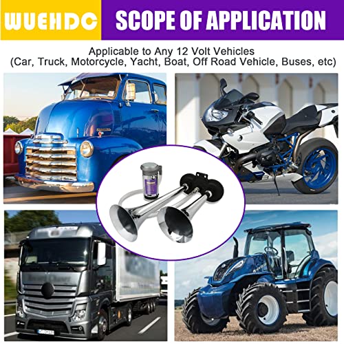 Wuehdc Air Horn For Car Train Truck Boat, 12V 150Db Dual Trumpet Horns Kit With Compressor, Oversized Chrome Zinc Motorcycle Air Horns #TOP1