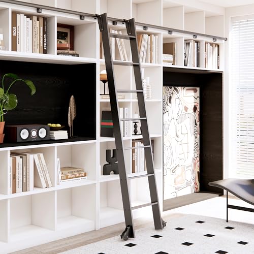 Image of 87 inch Black Sliding Library Ladder with 3.3FT Hook Track - Lightweight Aluminum Rolling Ladder with Braking Wheels, Space-Saving Rail Mounted Ladder System for Home Library, Closet & Storage