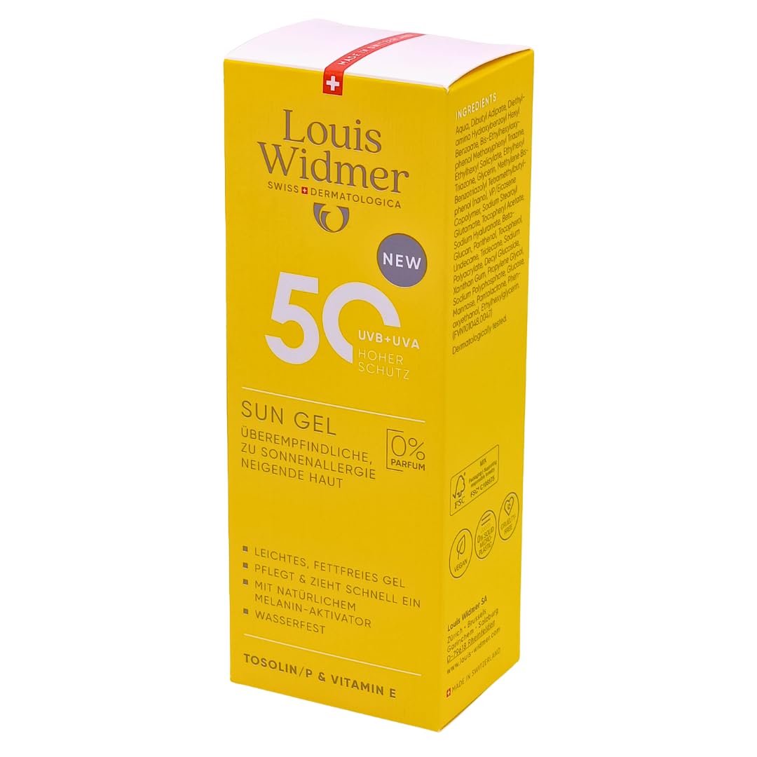 Louis Widmer Sun Gel 50, 2x 100 ml I leichte, fettfreie Gel-Creme I wasserfest I für überempfindliche, zu Sonnenallergie neigende Haut I hoher UV-Schutz I Spar-Set plus Pharma Perle give-away