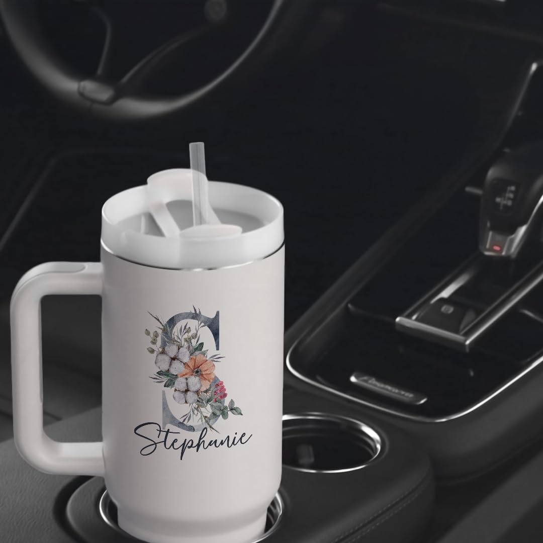 Personalisierter Thermobecher mit Blumen-Name | 1,2 Liter Fassungsvermögen | inkl. Deckel und Trinkhalm | hochwertig | To Go Becher mit Henkel im Blumendesign (40oz) | Geschenkidee | Isolierbecher