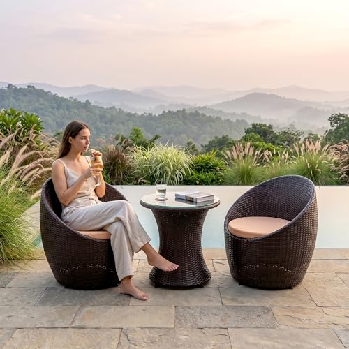 Image of OUTLIVING Outdoor Two Seater Rattan & Wicker Conversation Mudda Set | UV & Water Resistant Patio & Garden Furniture Set with 2 Cushioned Chairs & Glass Top Center Table | Brown