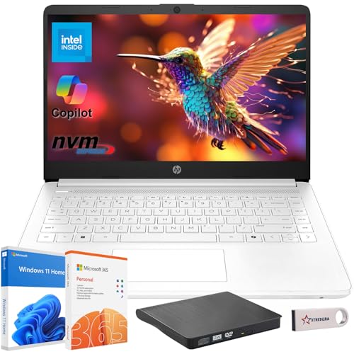 Image of HP 14 inch Laptop for Student Business, Intel CPU, Light & Slim, Fast, 1-Year Office 365, 16GB RAM, 64GB eMMC, with Portable Accessories, 4K Graphics, Windows 11S, Snowflake White