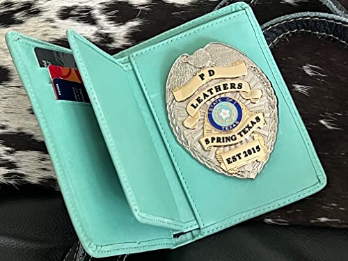 Police Badge Wallet, All Leather, Fits Any Shape Badge with a Pin Back -Turquoise