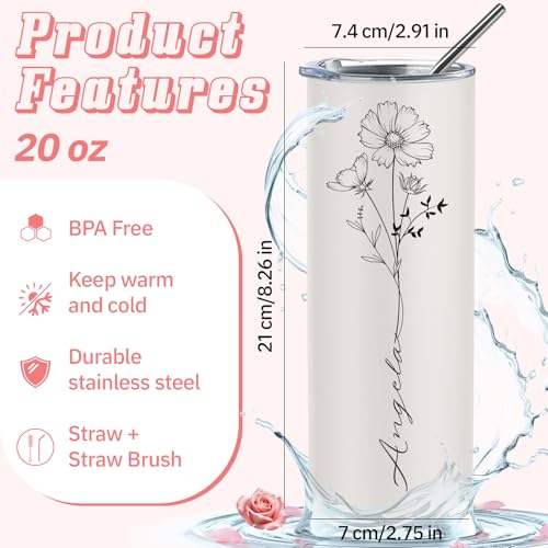 Image of Personalized Tumblers with Names and Birth Flower, Custom Stainless Steel Skinny Tumbler with Straw, 15 Colors - 20 Oz, Personalized Birthday Gifts for Women Mom