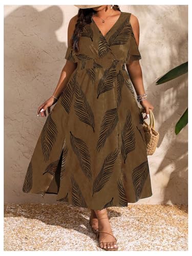 Image of Floerns Women's Plus Size Cold Shoulder Tropical Print V Neck Flared A Line Long Dress