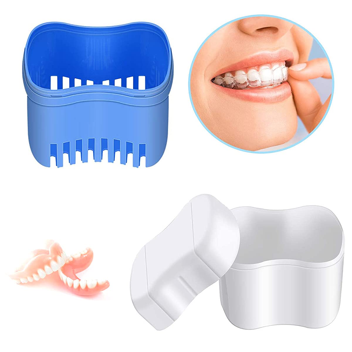 Juego de 2 cajas de limpieza de dentaduras postizas y cepillos, paquete de 2 cajas de baño para dentaduras postizas con cesta + 2 cepillos para dentaduras postizas, caja de almacenamiento portátil 4