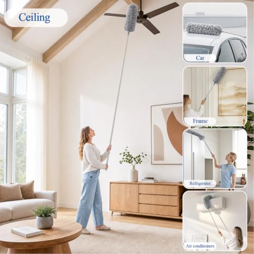 Image of Cobweb Duster with Extension Pole 100 inches, Dusters for Cleaning with 2 Duster Heads, Washable Microfiber Feather Duster for Cleaning Ceiling Fan, High Ceiling, Blinds, Furniture & Cars