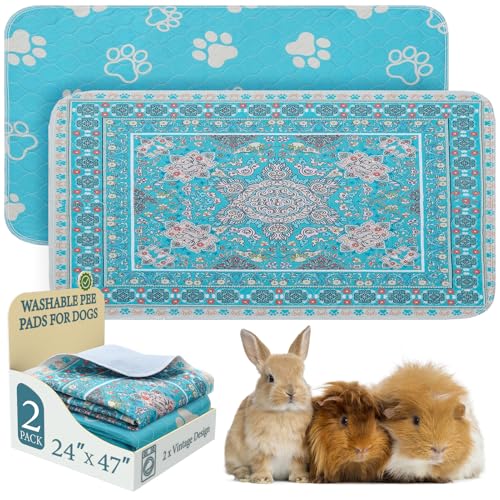 Image of Homimp Guinea Pig Cage Liners, 2 Pack Washable Pee Pads for Dogs, Waterproof & Leakproof Puppy Pee Pads, Super Absorbent Reusable Bedding with Anti-Slip Backing for Rabbit,Bunny,Hamster, Blue, 24 inchx47 inch