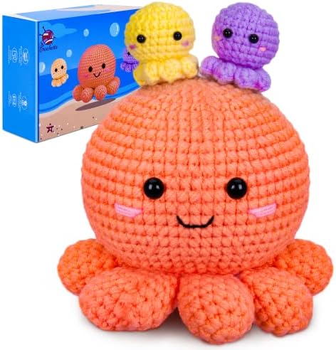 Crochetta Crochet Kit for Beginners, Amigurumi Crocheting Animals Kits w Step-by-Step Video Tutorials, Knitting Starter Pack for Adults and Kids, Jumbo 3 Nestable Octopus Familly (40%+ Yarn Content)