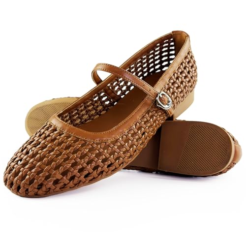 Hand Woven Mesh Flats for Women Ballet Mary Jane Flats Summer Ballet Buckle Strap Ballerina Flat Shoes, Ultra Soft, Arch Support, Office Casual Dressy, Mesh Shoes for Women Brown4