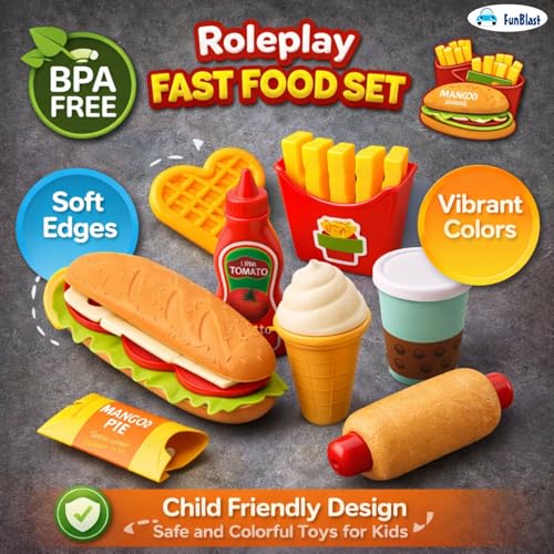 Image of FunBlast Food Play Set for Kids - 18 Pcs Fast Food Play Toys for Kids, Pretend Play Toys for Girls, Role Play Toys for Children, Burger Toy and French Fries Ice Cream Toys - Multicolor