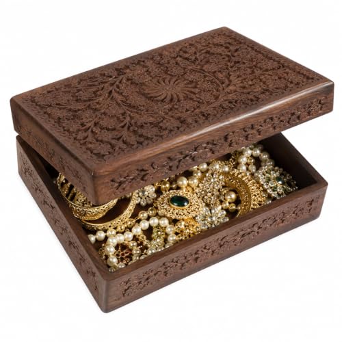 Indian Glance Handmade Wooden Jewelry Box, Hand Carved Jewelry Organizer with Floral Design, Rustic Storage Memory Box for Rings, Earrings, Necklaces, Bracelets & Keepsakes, 10 x 6 Inch