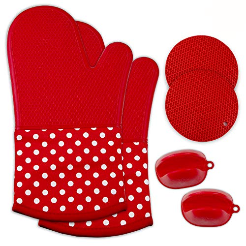 Lot de 6 gants de cuisine en silicone de qualité supérieure - 1 paire de gants de cuisine résistants à la chaleur avec 2 maniques en silicone et 2 dessous de plat - Rouge