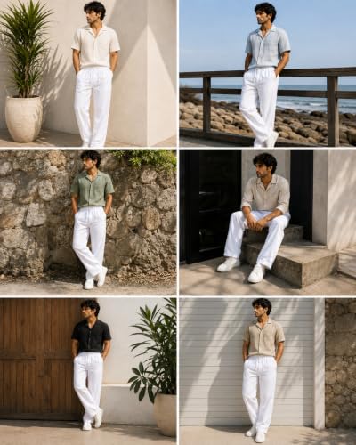 Image of Linen Pants for man || Relaxed Fit Casual Trousers for Men || Men's Lightweight Breathable Pants || Elastic Waist with Drawstring || All Season Pant for Regular, Travel & Office Wear
