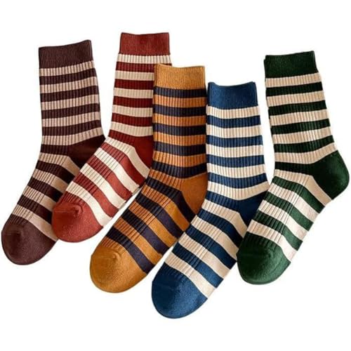 Image of Womens Striped Crew Socks, Cute Vintage Retro Mid Calf Boot Socks for Women Ladies 5 /6 Pairs, Size 5-10