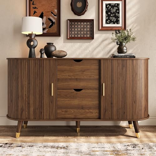 DACHETOU Aparador de color nogal, 40 x 79,5 x 140 cm, con vetas verticales, dos puertas correderas, dos cajones, patas de madera maciza y armario de esquina redondeado para el salón