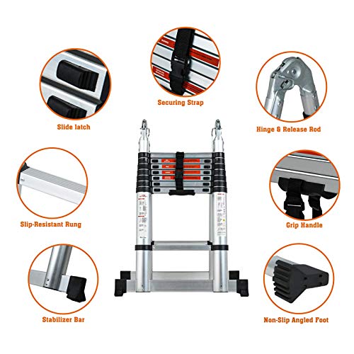 SUNCOO 16.5FT Telescoping Ladder Lightweight, Anti-Slip Aluminum Collapsible Extension Ladder, Quick Button Retraction Multi-Purpose Telescopic Ladders Compact Attic Ladder, 330lbs Max Capacity - Thumbnail 6