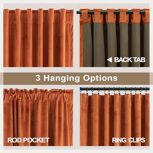 Image of Burnt Orange Velvet Curtains 96 Inches Long for Bedroom 2 Panels Back Tab Luxury Textured Light Blocking Soundproof Autumn Drapes Rust Terracotta Living Room Darkening Curtains Boho Modern Farmhouse