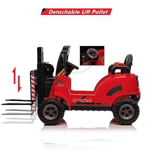 Garvee 12V Electric Ride on Forklift Car with Remote Control, Ride on Car with Liftable Fork and Pallet, High/Low Variable Speed, Music, USB, MP3, and Low-Power Alarm for Boys and Girls(No Tent,Red)