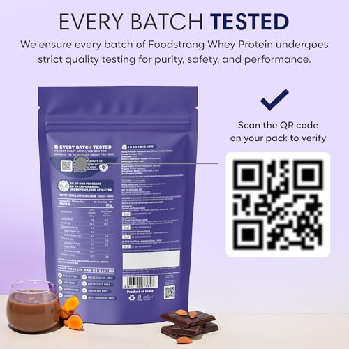 Image of Foodstrong Whey Protein Powder (Concentrate + Isolate), 100% Hormone Free Grass-Fed Whey, 26G Protein & 6.6G BCAA, Chocolate Almond, With Turmeric & Digestive Enzymes, 1KG (Pack of 2)