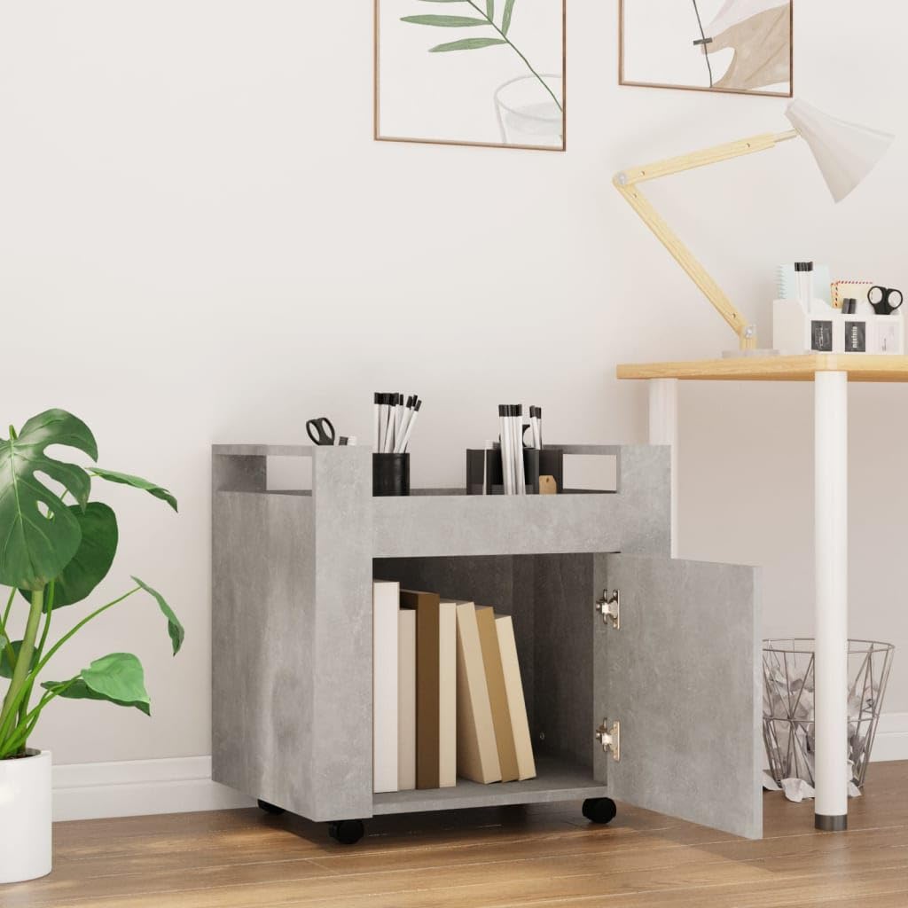 Bürowagen Betongrau 60x45x60 cm Holzwerkstoff mit 4 Rollen und Stabiler Oberplatte für Büroorganisation und Aufbewahrung