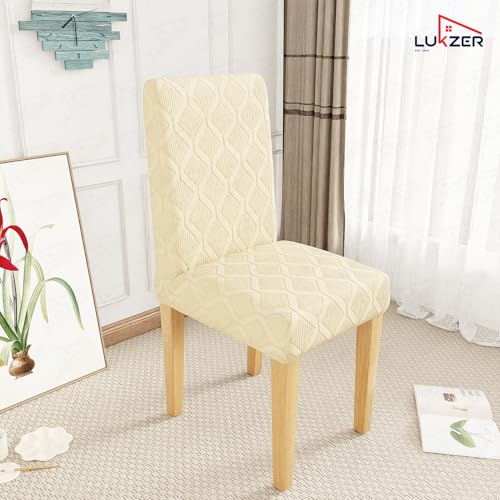 Image of Lukzer Elastic Dining Chair Cover - 6PC Pastel Yellow Diamond | Textured High Stretch Jacquard Seat Cover | Removable Washable Short Dining Chair Cover Protector Seat Slipcover | (CC-156-06)