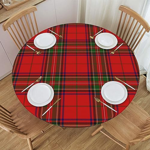 GTEVUTS Christmas Tablecloth Round Fitted Winter Decor - Christmas Tartan Plaid Table Cover Elastic Edged Round Reusable Wipeable Table Cloth for New Year Kitchen Patio Party, Fit 40-44 inch
