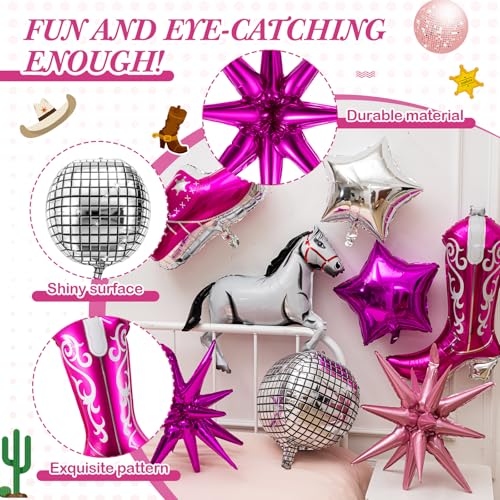 Image of VioraWhite 12 Pcs Cowgirl Balloons Pink Pony Themed Decoration Horse Disco Exploding Star Ball Hat Boots Balloons for Nash Bash Western Cowgirl Retro Last Bachelorette Party Decorations