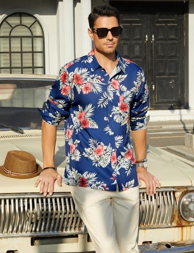 Hardaddy Men's Tropical Floral Button Down Long Sleeve Hawaiian Shirt Flower Printed Beach Shirts3